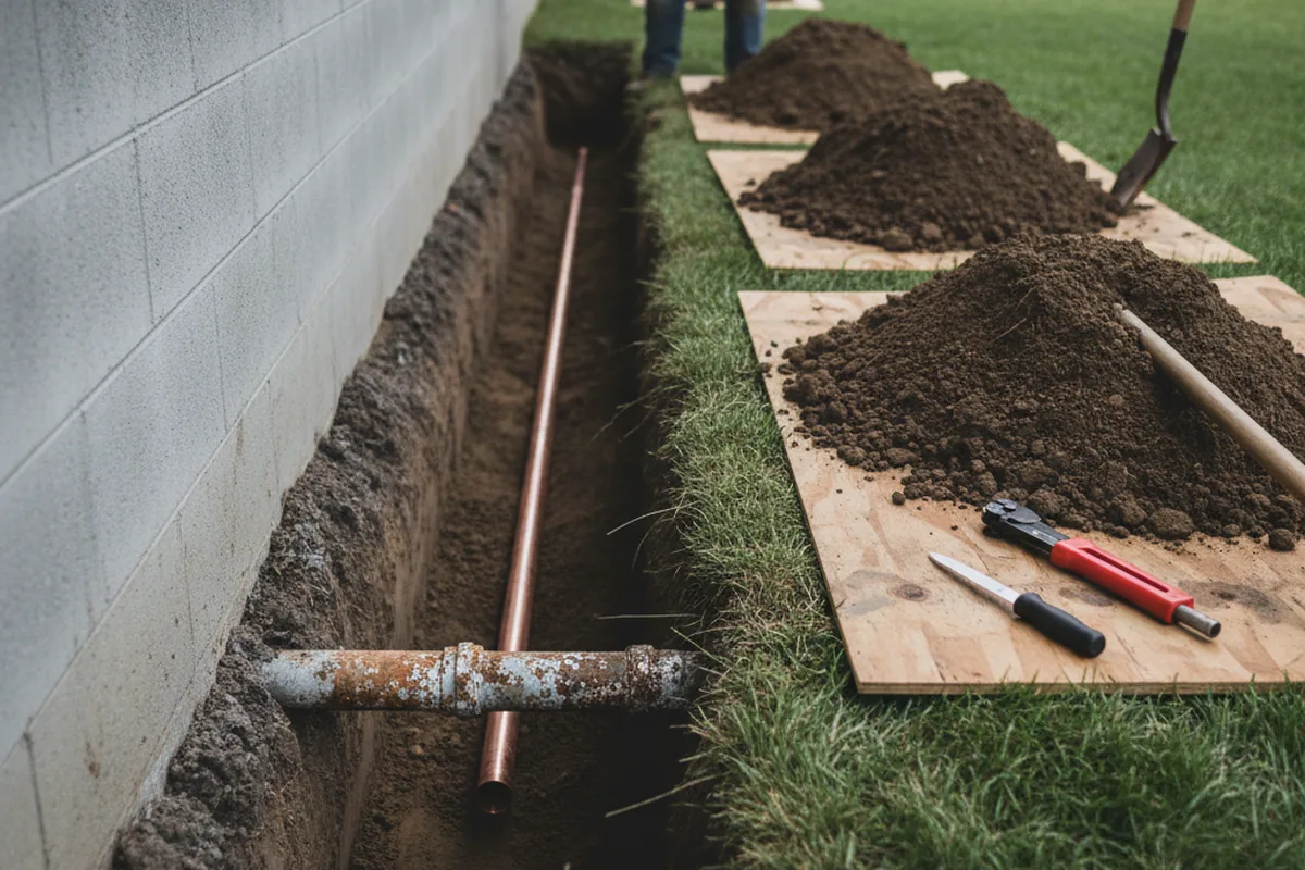 Excavated water line trench during Water Softener Installation in Culver City